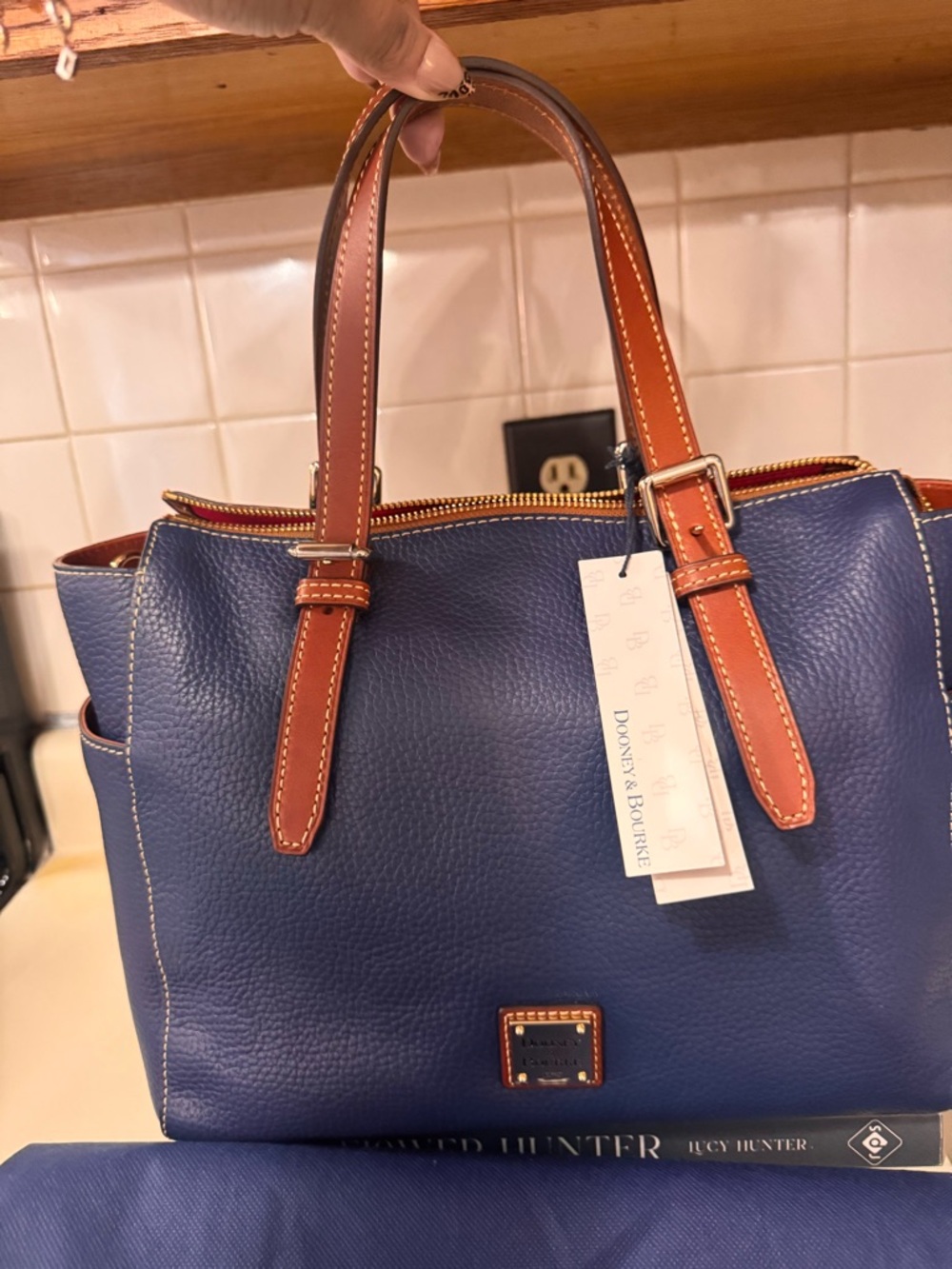 Dooney & Bourke Blue Pebbled Leather Tote with Brown Trim - Picture 7 of 11
